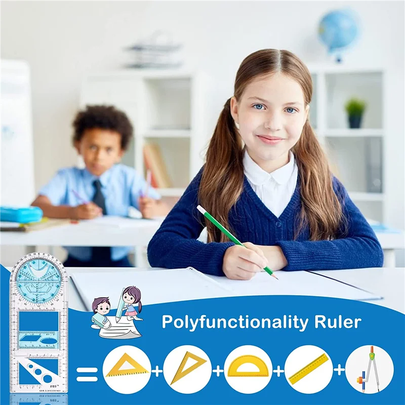 Compact 8 Pcs Multifunctional Geometric Ruler Plastic Circle Drawing Tool Drafting Templates Clear Graphic Design Tools