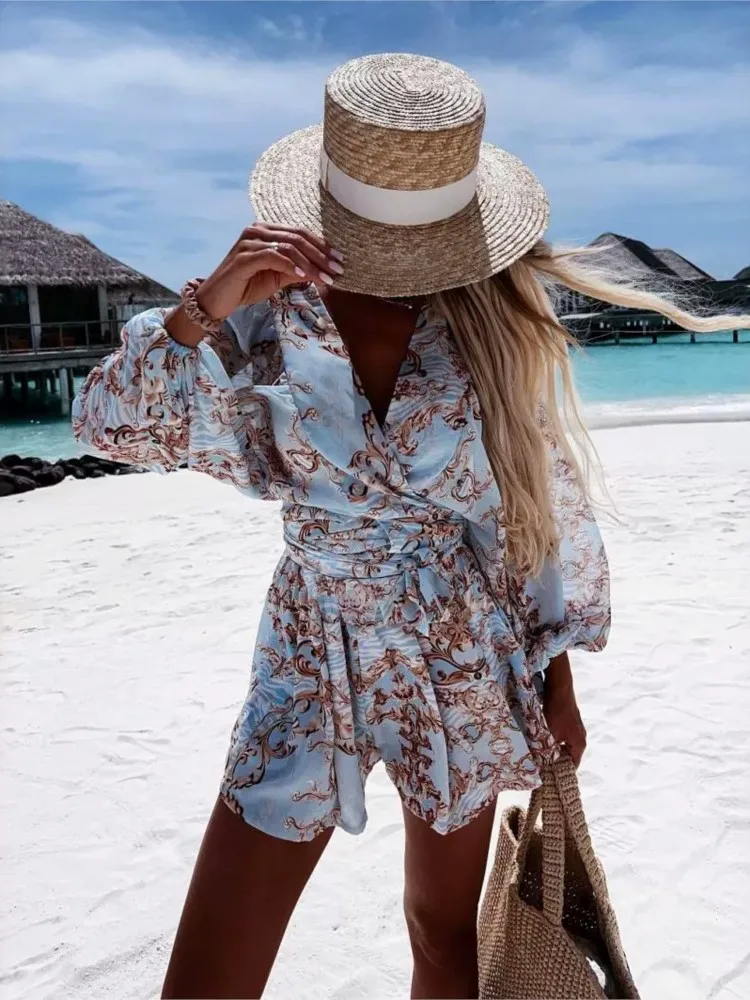 Spring Summer Boho Women Jumpsuit Fashion Deep V Neck Lantern Sleeve Casual Print Rompers Shorts Women\'s Elegant Jumpsuits New