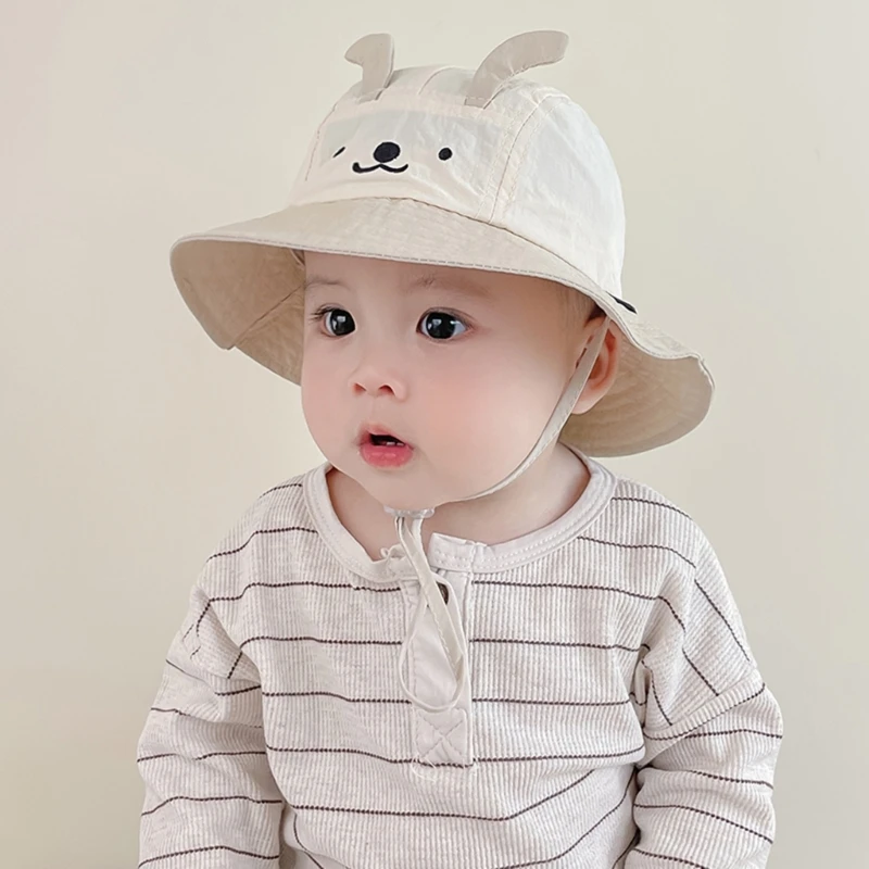 Bear Baby Bucket Hat Short Brim Fishmen Hat Adjust Chin Belt Spring Summer Sun Protections Caps for Infants