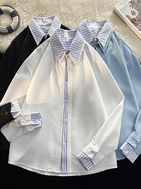 

Мужская повседневная рубашка в американском стиле с полосатым воротником, длинным рукавом, весенне-осенняя, модная, брендовая, свободного кроя, верхняя одежда, пальто