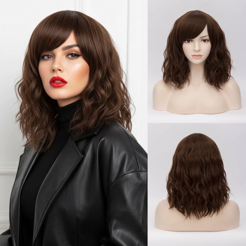 MSIWIGS Women Short Water Wavy Synthetic Brown Wig With Side Bangs Natural Looking Daily Party Wear