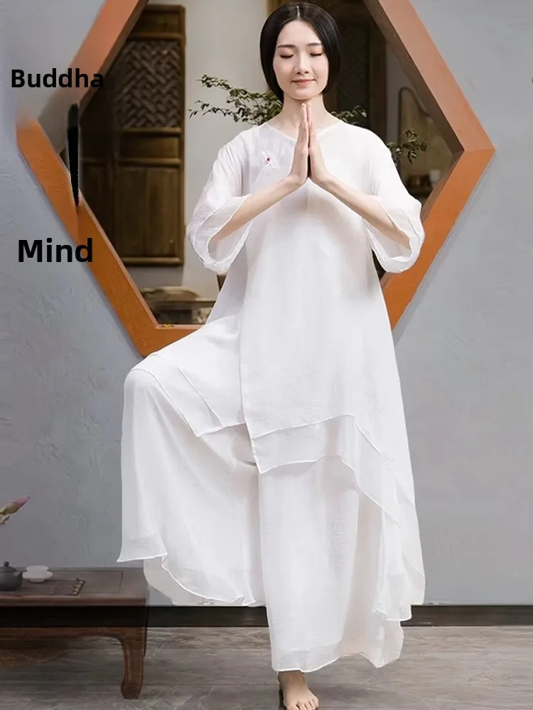 

White Zen Dancewear Set Women's Hanfu Young Buddhist Laywoman's Robs Vegetarian Dr Tee-piece Set Chinese Linen Material