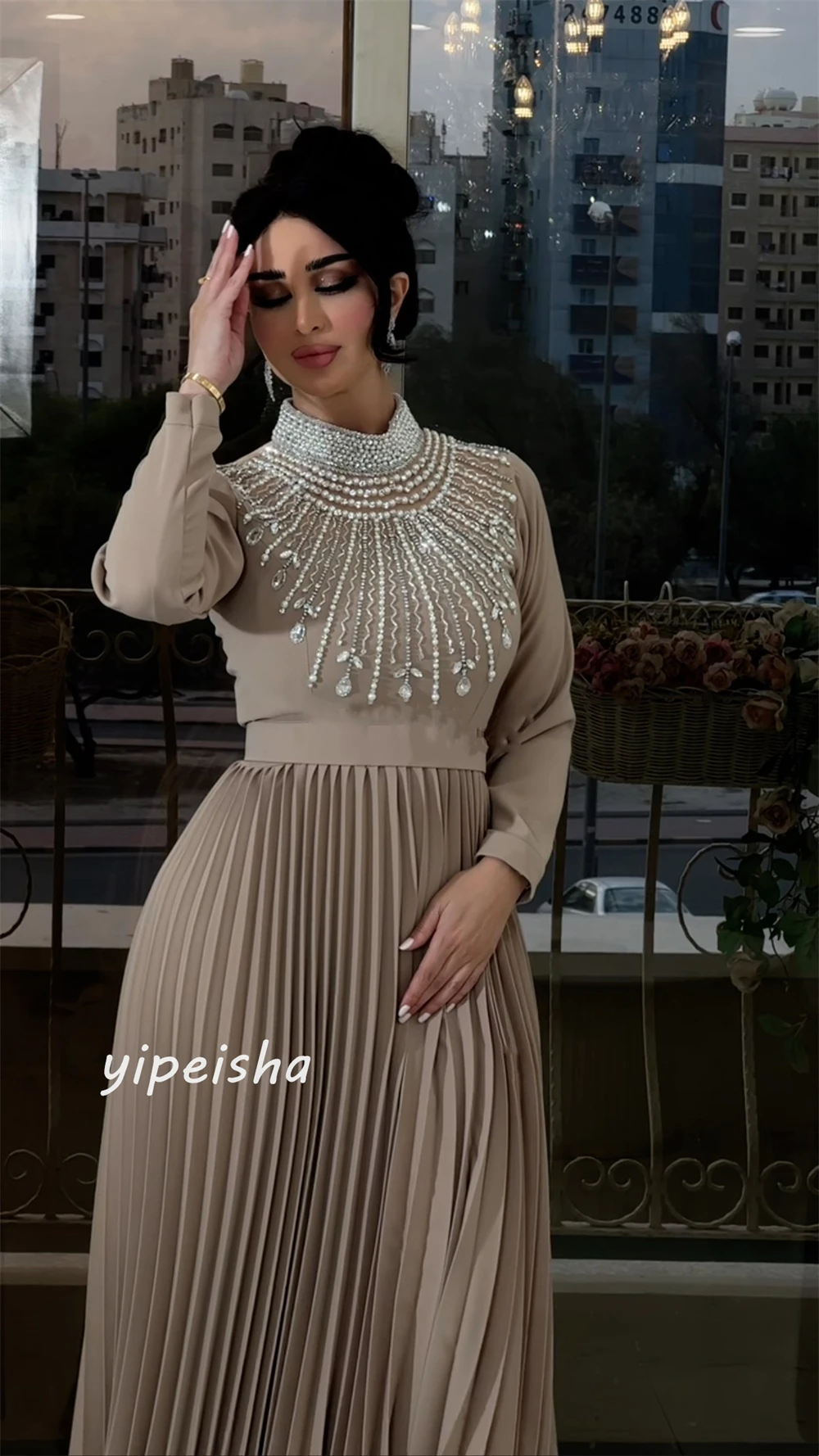 Customized Evening  Sexy Casual  Chiffon Beading Draped Pleat Wedding Party A-line High Collar Bespoke Occasion Gown Midi Dresse