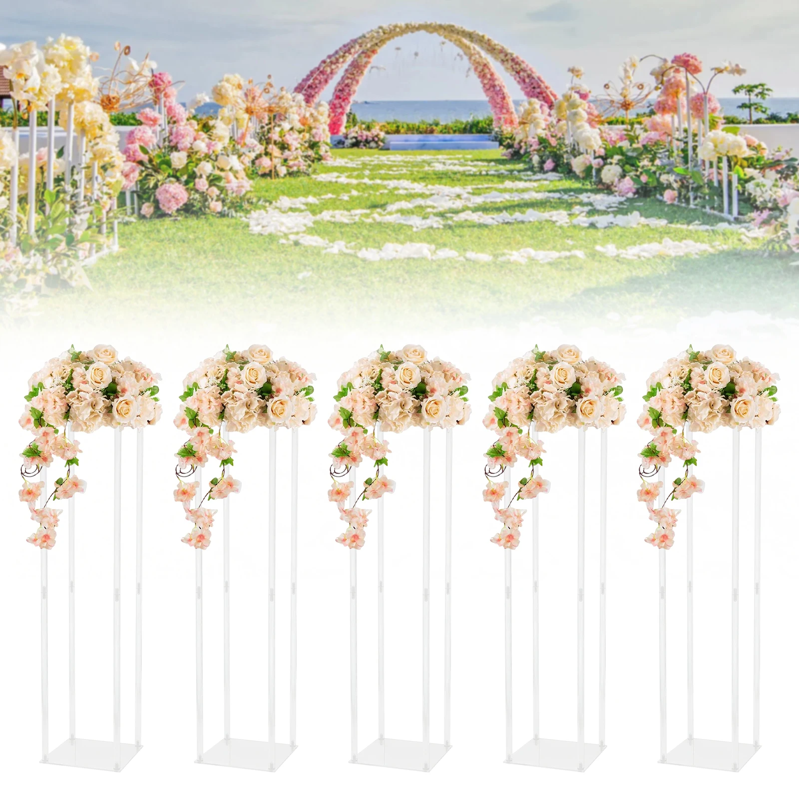 

5 Pack 39'' Tall Clear Acrylic Flower Stand Vases,Stable Cube Design, Detachable Display Rack,Tabletop/Party Floral Event Decor