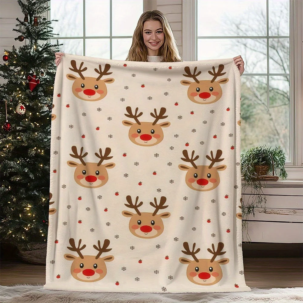 

1pc Christmas Reindeer Blanket - Soft Flannel Holiday Throw with Cute Rudolph Design, Lightweight & Cozy Winter Decor for Bedroo