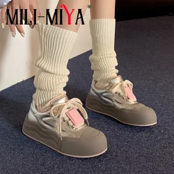 MILI-MIYA New Arrival Thick Sole, Non-Slip Flat Heel Women Cow Leather Sneakers Round Toe Lace Up Mixed Color Casual Shoes