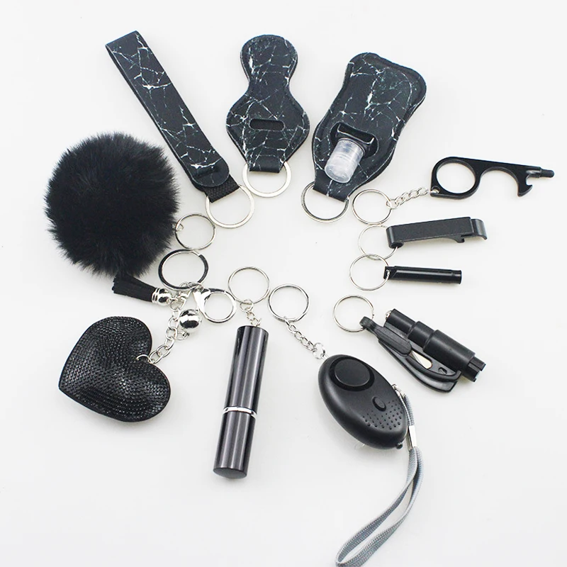 12-piece Set Women Safety Keychain Supply Self Defense Keychain Pom Pom Fur Ball Grabber Self Protection Keychain