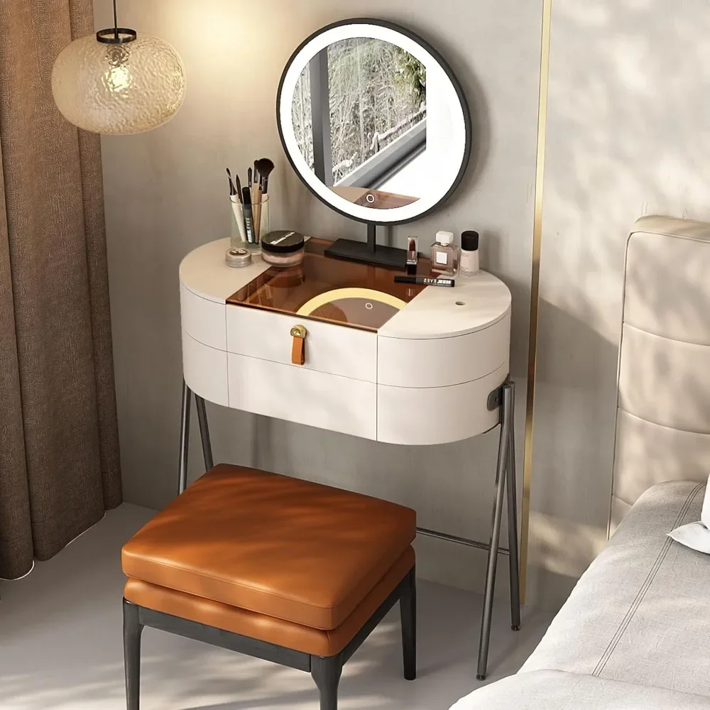 Premium Vanity Table, Very Easy to Assemble, Removable LED Vanity Mirror,Storage Dressing Table Makeup Stool Set, Super Storage