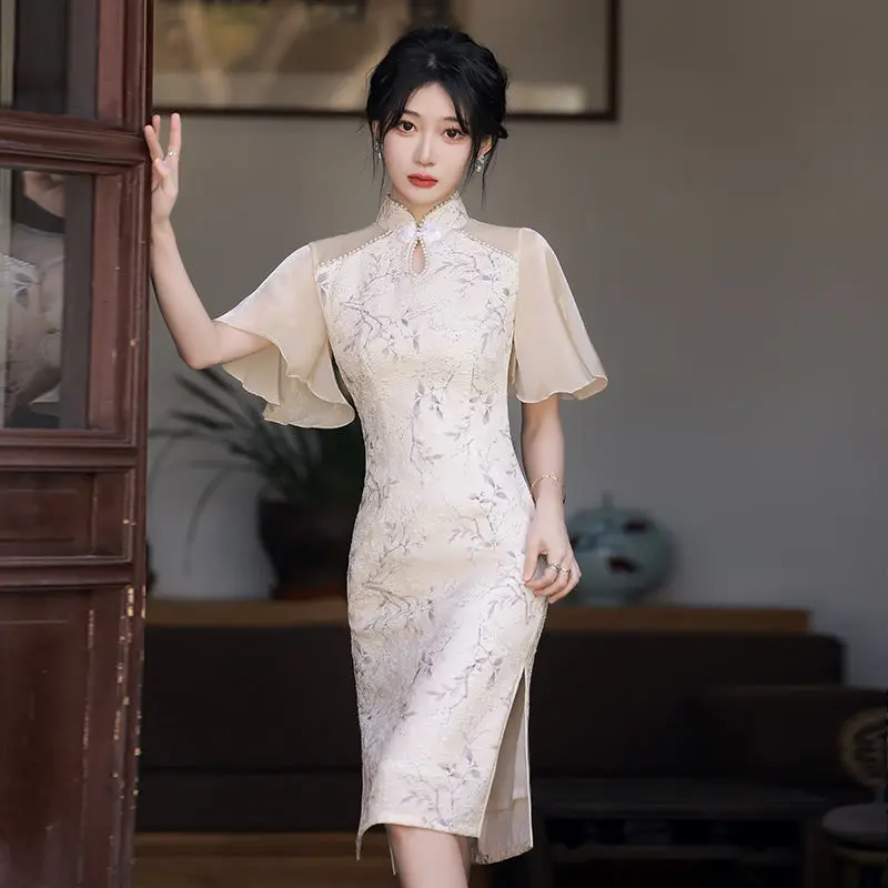 Cheongsam New Women\'s Summer Chiffon Elegant Young Chinese Style Floral Dress Qipao Lady Retro Stand Collar Slim Party Dresses