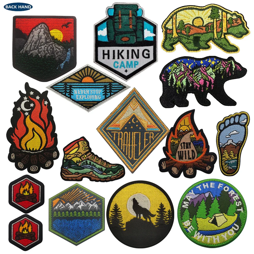 HAPPY Camping Embroidery Magic Sticker Morale Badge Natural Scenery Armband Mountains and Rivers Outdoor Bag Sticker Sewing DIY