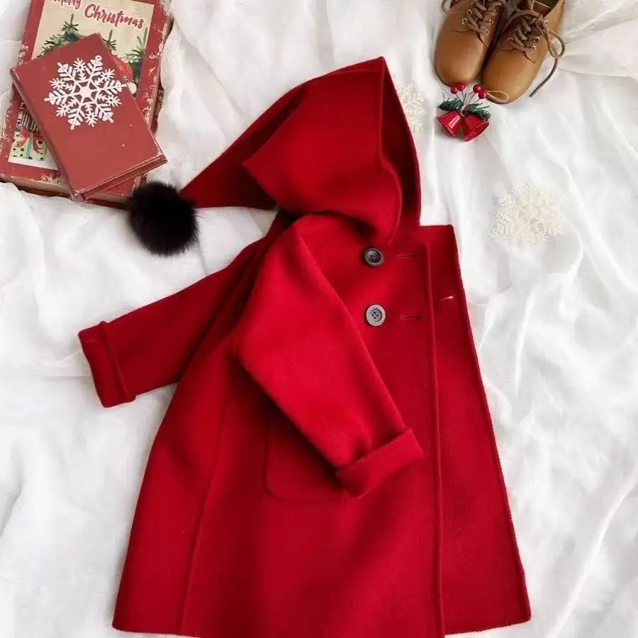 Girls Double Breasted Wool Coat Autumn Winter New Fashion Red Hooded Double Faced Overcoat Kids Versatile Mid-Length Jacket