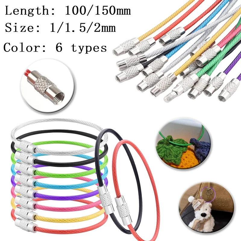 1-2mm 100/150mm Stainless Steel Keychain Tag Rope Wire Cable Loop Screw Lock Gadget Rings Key Keyring Circle Camp Rope Fittings