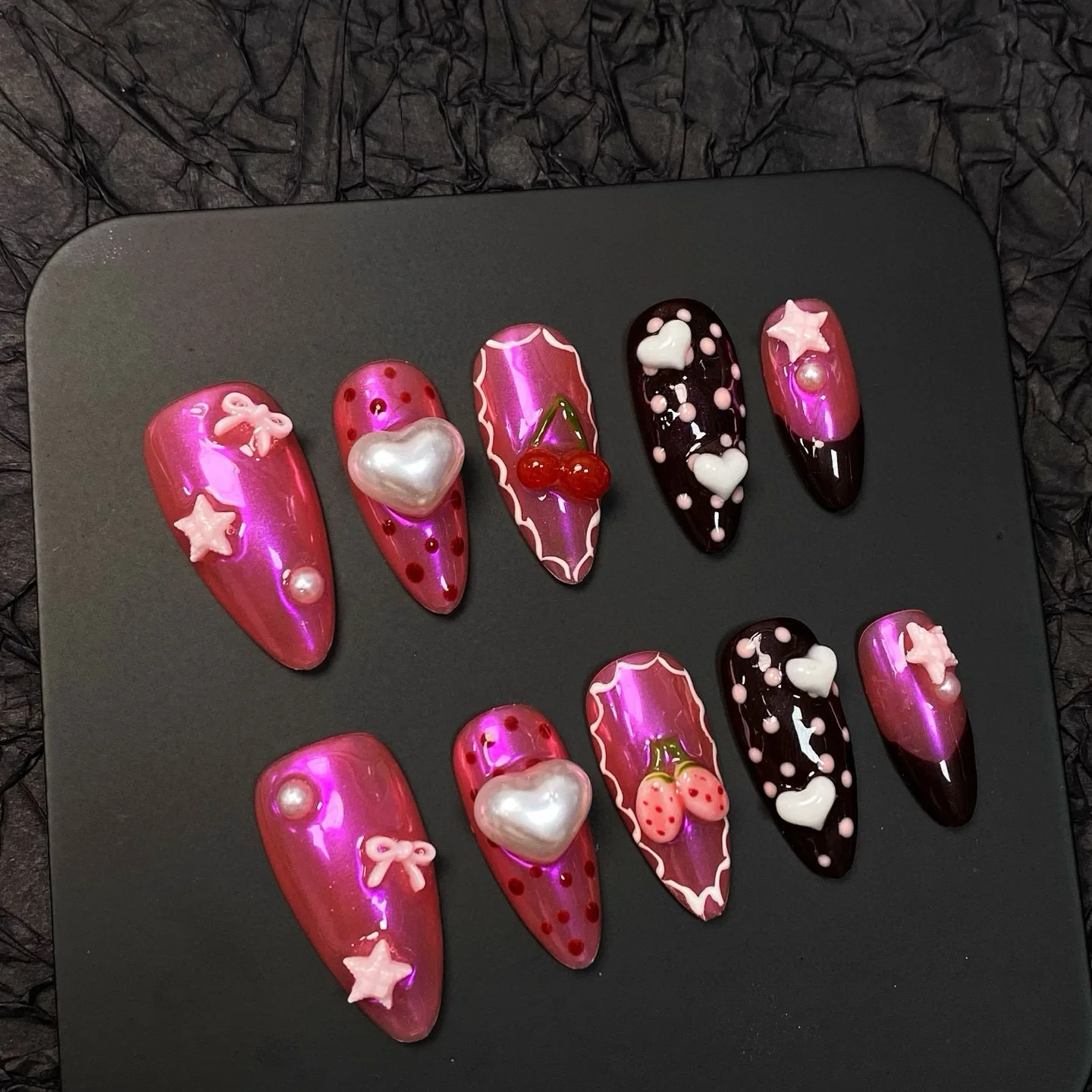 10 قطعة الحلو كول اليدوية الأظافر وهمية الإغاثة الفراولة الكرز ستار Bowknots ديكور اضغط على الأظافر فتاة حار الصيف أظافر صناعية