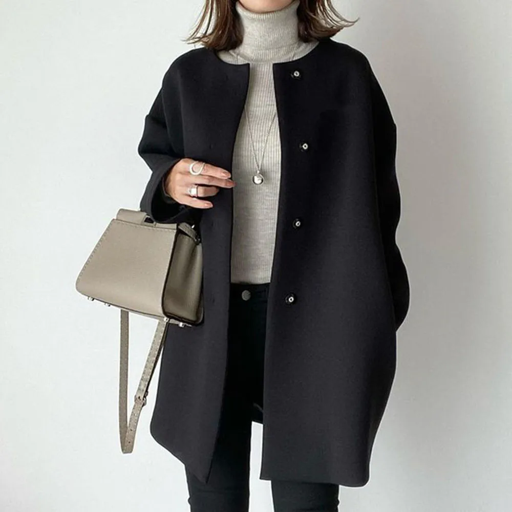 

Stylish O-neck Woolen Coat Women Japanese Style Long Sleeve Outerwear Autumn Winter Casual Single Breasted Solid Overcoat Tops