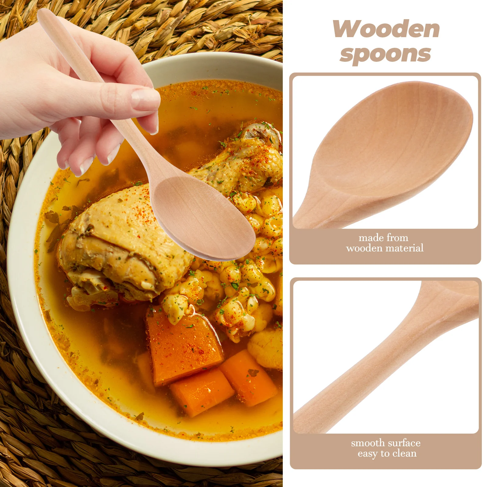 

5pcs Wooden Spoon Set Long Handle Natural Wood Dinner Spoons Mixing Stirring Serving Teaspoon Ice Cream Small Spoon Easy Clean