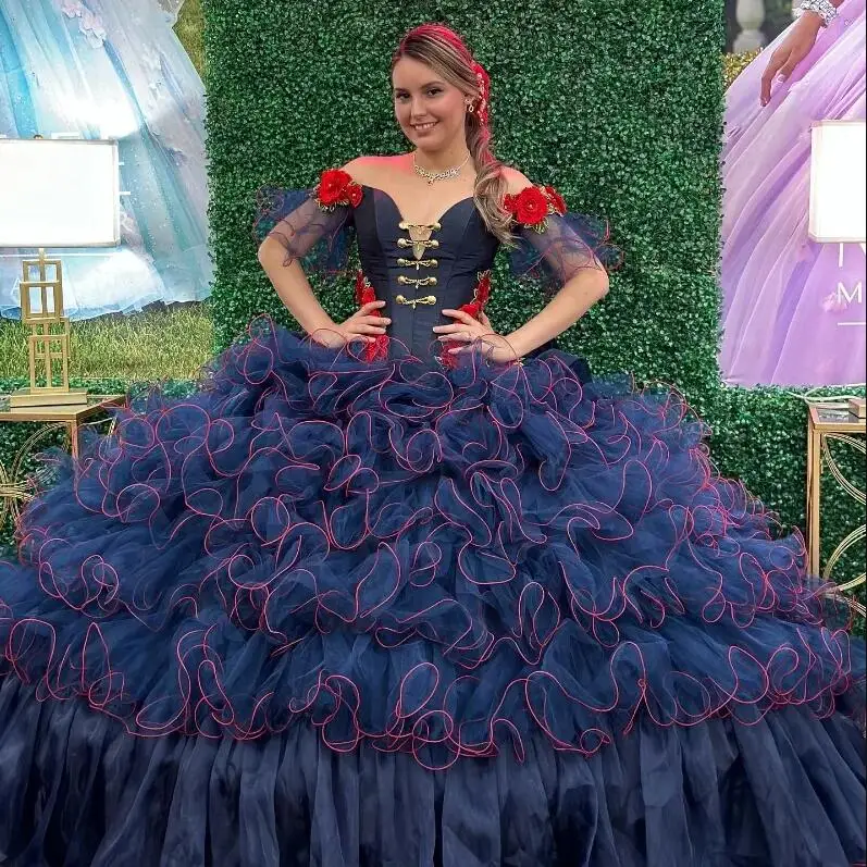 Темно-синее женское платье Quinceanera с открытыми плечами и цветочной аппликацией, многоуровневое бальное платье по индивидуальному заказу, Vestido de 15 Anos Sweet