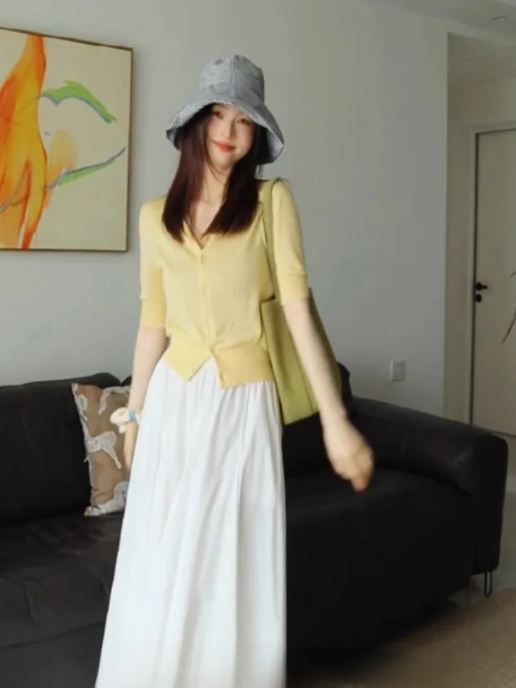 Cómoda protección solar de punto fino cubrir dulce joven adelgazamiento Casual perezoso versátil ort Sve v-ne Top