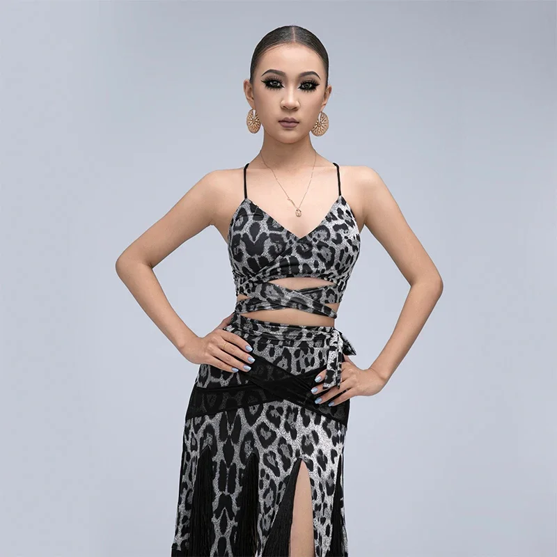 

Leopard Latin Dance Costume Women Sexy Tops Fringe Skirt Latin Competition Dress Rumba Cha Cha Dance Performance Clothes NV22093
