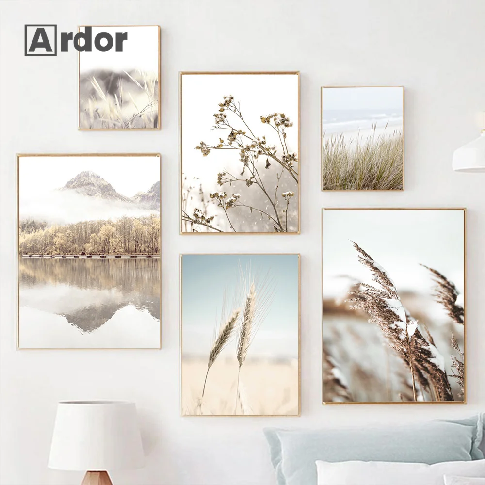 

Beige Natural Scenery Wall Wheat Hay Reed Canvas Painting Poster Lake Print Modern Nordic Wall Pictures Living Room Home Decor