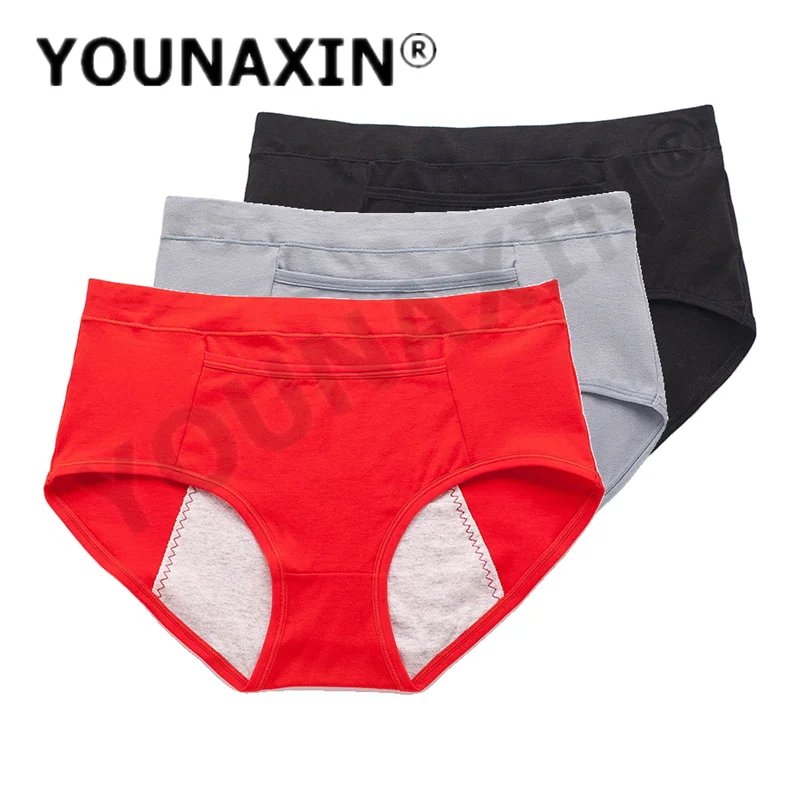 3 Pcs Women's Physiological Briefs With Pocket Cotton Large Size Menstrual Underwear Mid-waist Leak-proof Period Unides L-4XL
