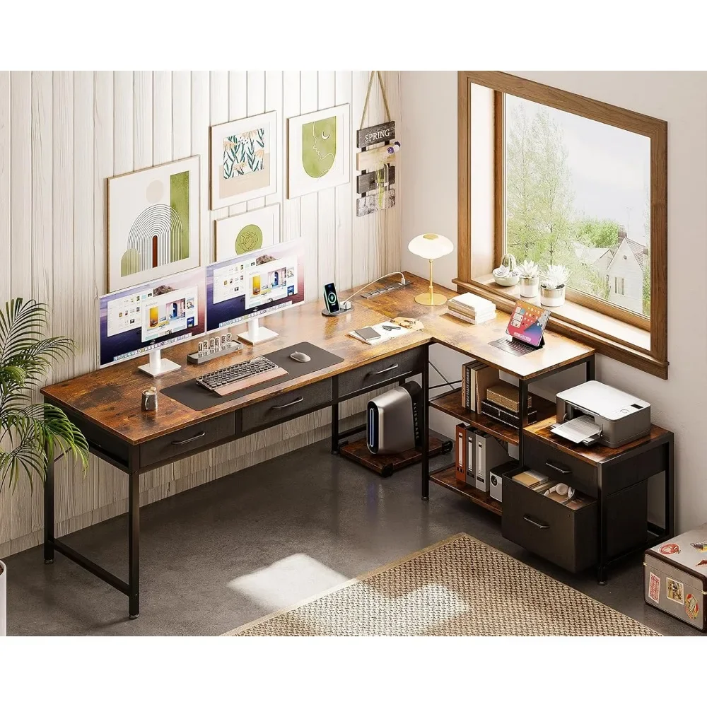 L Shaped Computer Desk with Fabric Drawers and File Cabinet, 61