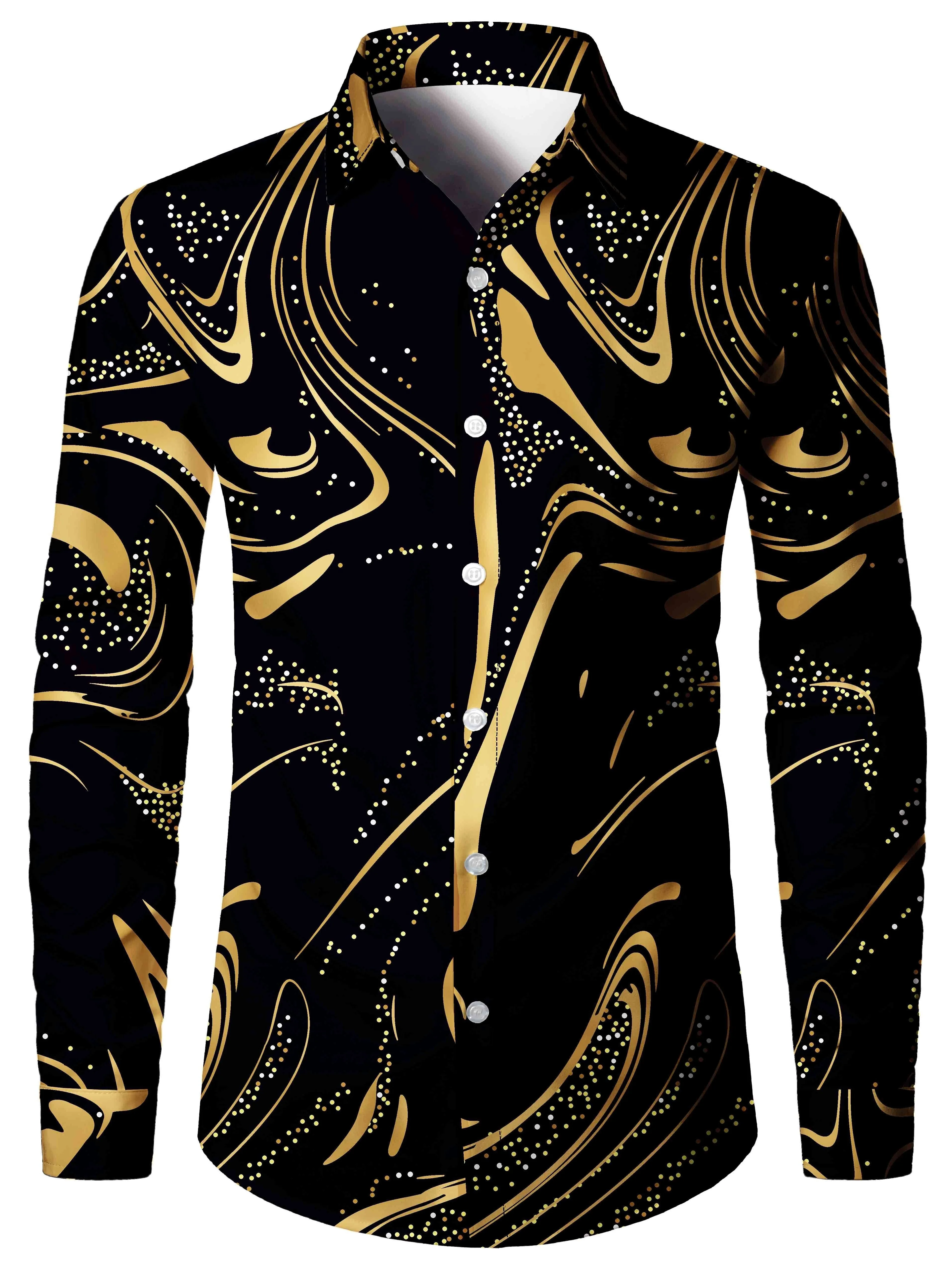 Men\'s Stylish Lapel-Collar Gold Glitter Printed Long Sleeve Shirt casual tops Stripe print full sleeve shirt for men clothing