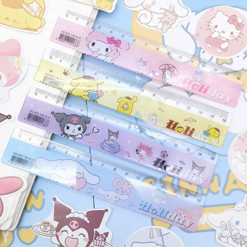 4PCS Sanrio Stationery Ruler Hello Kitty My Melody Ruler Cute Pocket Measuring Ruler 15cm Multi Functional Stationery Supplies