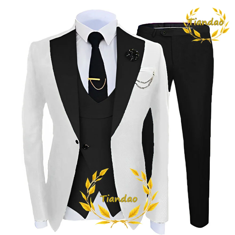 Men\'s Suit Wedding Tuxedo 3-Piece Set White Jacket Pants Vest Groom Formal Fashion Blazer Set for Male