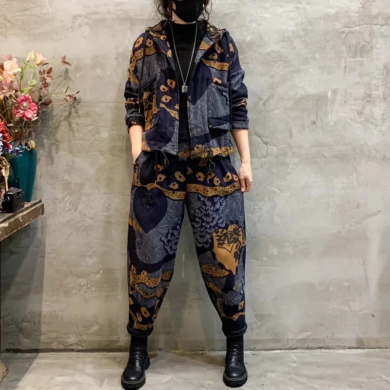 Women Two Piece Set Female Casual Fashion Cotton Linen Suits NEW Autumn Winter Large Size Suit Casual Hooded Coat + Pants Outfit