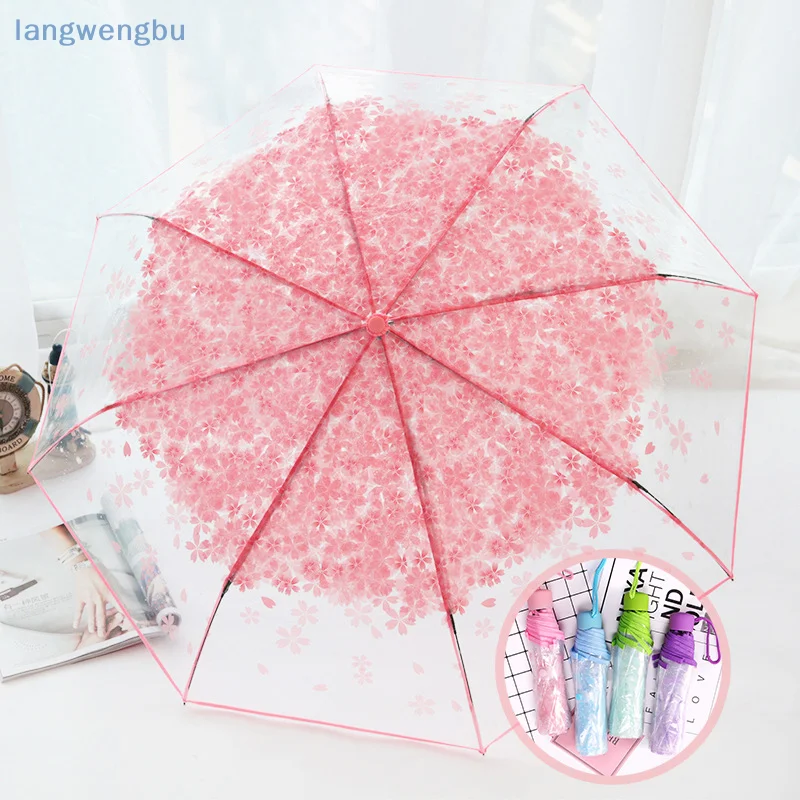 

Korean Style Umbrella Folding Cute Goddess Small Fresh Simple Forest Style Three Fold Cherry Blossom Transparent Umbrella