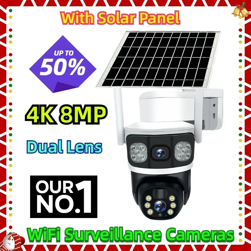 

With Solar Panel Human Detection PTZ CCTV Camera 4K 8MP Dual Lens Solar Camera Outdoor Security WiFi Surveillance Cameras