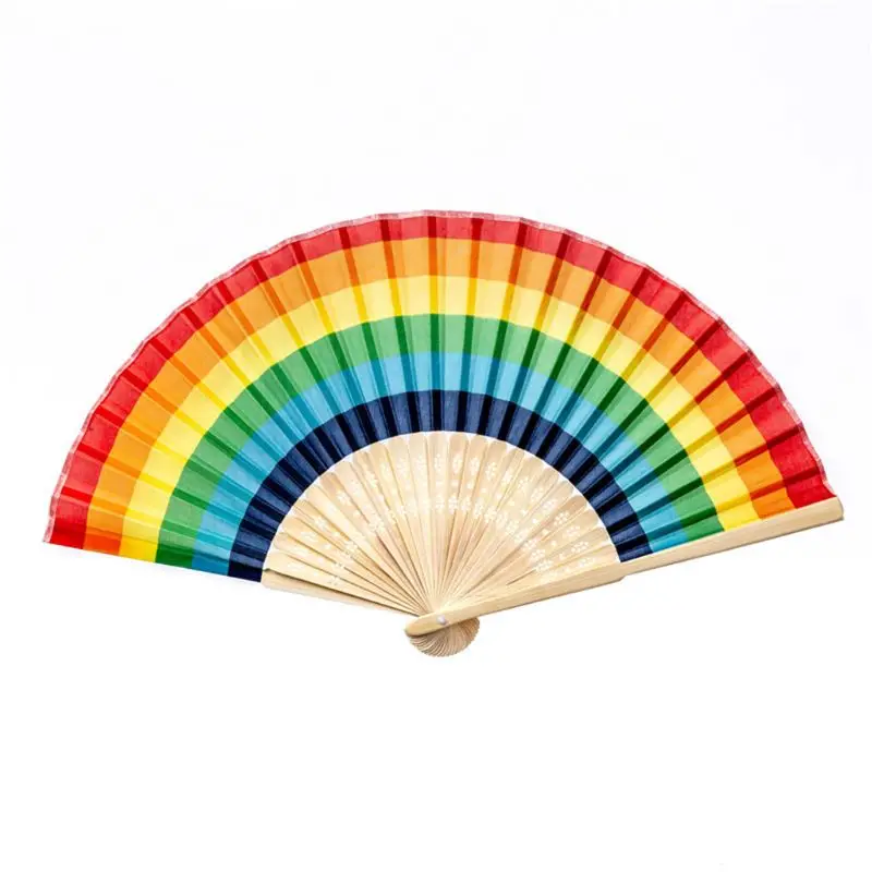 Summer Rainbow Handheld Folding Fan for Wedding Party Decoration Festival Dance