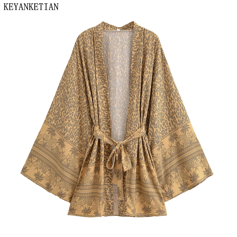 

KEYANKETIAN 2026 Новое женское кимоно в национальном стиле с принтом, из вискозы, с поясом, расклешенными рукавами, свободный кардиган, ретро-пляжная одежда, топ