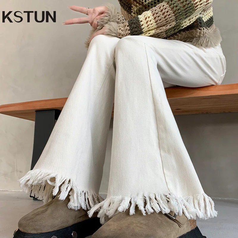 

KSTUN 2025 High Waist Bell Bottom Jeans For Women Hem Tassel Fringe Jeans Skinny Stretch Beige Denim Pants Female Flared Pants
