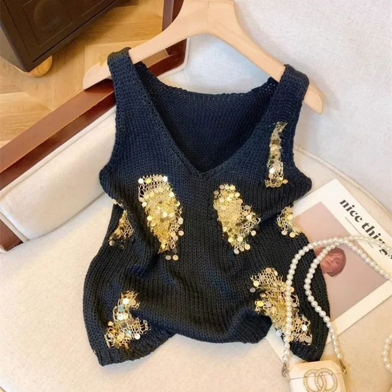 

2025 Summer New Temperament Versatile Sequined V-neck Knitted Suspender Women's Sleeveless Vest Lazy Style Tank Top