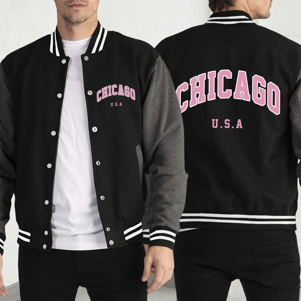 

Chicago Usa Letter Print Men Vintage Coat Hip Hop Loose Jackets Autumn Fleece Jacket Casual All-Match Unisex Fashion Streetwear