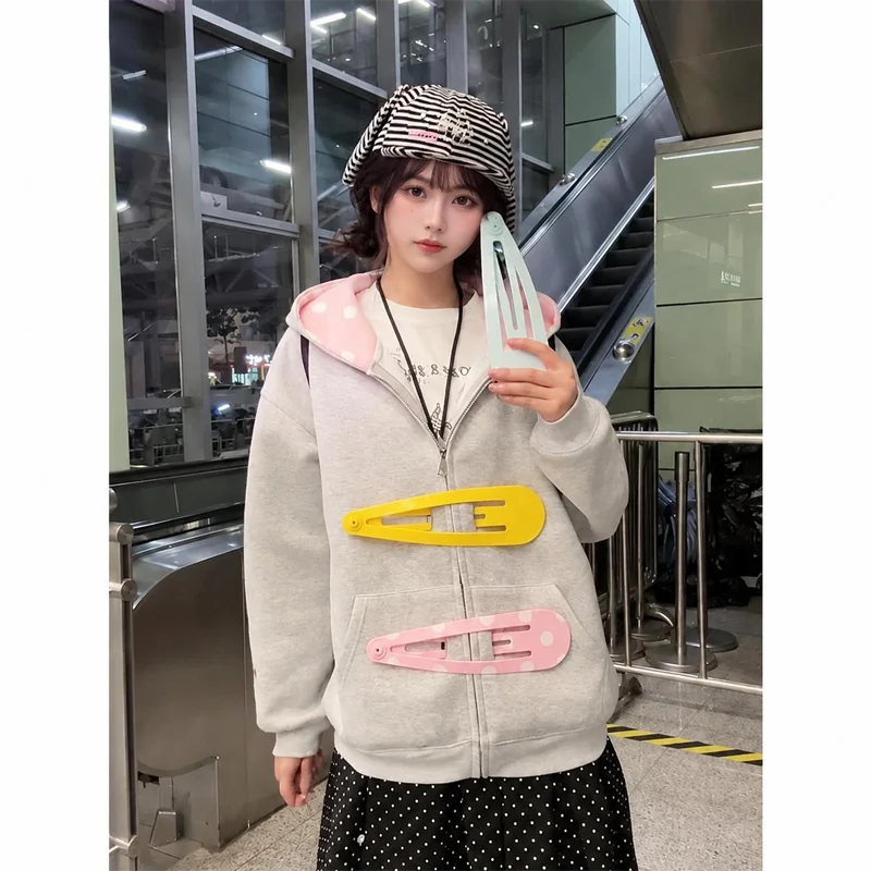 Women Y2K Zip Up Hoodie Cute Graphic Sweatshirt Color Hair Clip Print Streetwear Casual Loose Hooded Jacket
