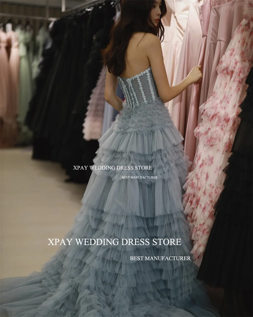 XPAY Luxury Dusty Blue Korea Evening Dresses Photos Shoot Ruffles Tiered Fairy Tulle Evening Gowns Beads Corset Prom Party Dress