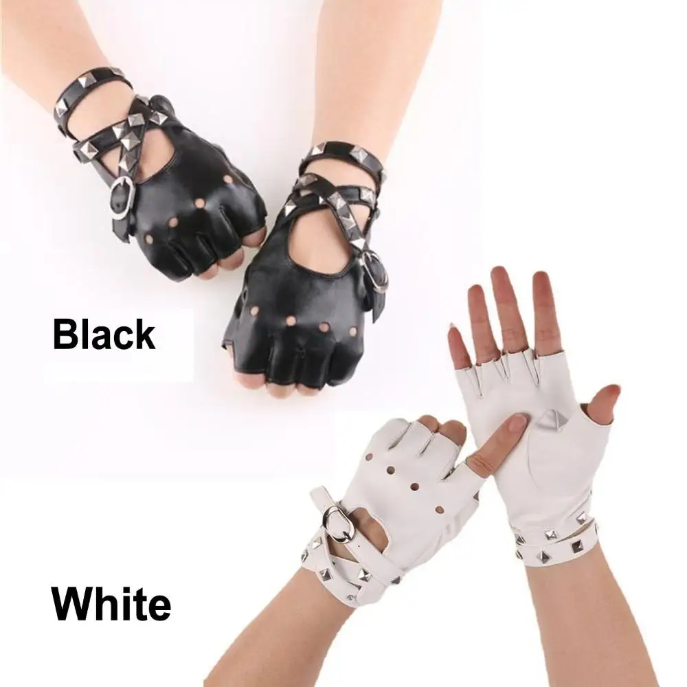 Unisex Fingerless Driving PU Leather Gloves Motor Cool Rivet Sexy Disco Dancing Rock and Roll Black Red White Punk Gloves