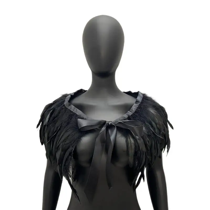 

Y2k Gothic Real Black Feather Shrug Cape Shawl Wrap Shoulder Wings Choker Collar Stole Halloween Cosplay Costume Women Men