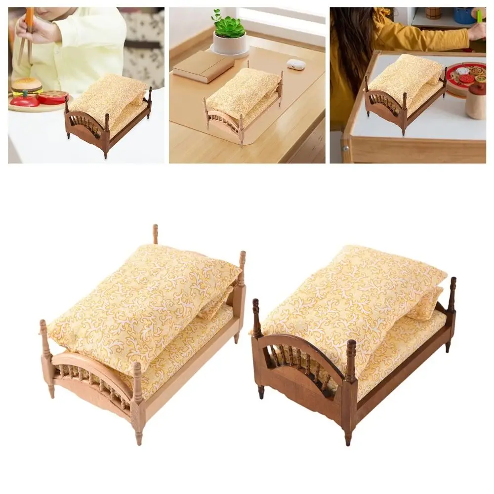 

Play House 1:12 Dollhouse Wood Bed Bedroom Model Living Miniature Wood Bed Ornaments DIY Simulation Single Bed Accessories