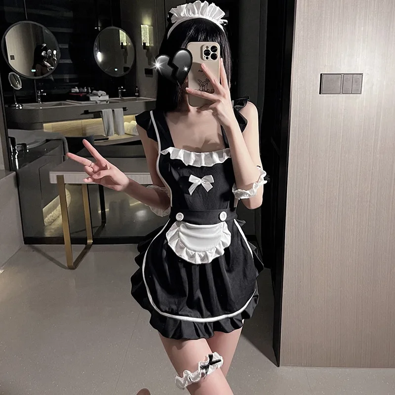 Woman Sexy French Maid Apron Black With Pockets Chef Uniform Temptation Pajamas Couple Sex Suit Nightdress Pinafore Bib Home