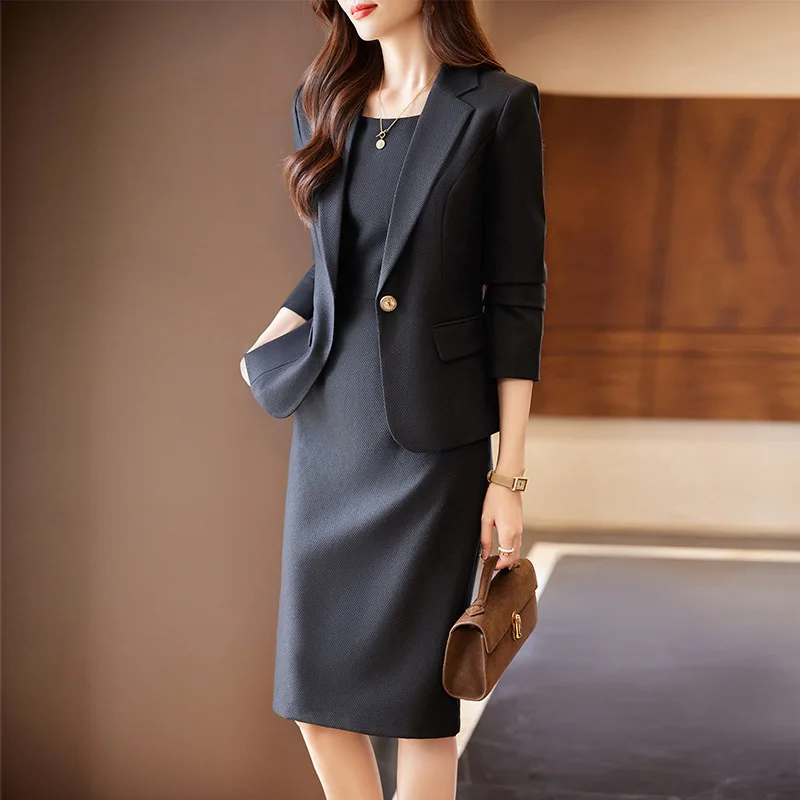 Formal Autumn Winter Women Business Suits Professional OL Styles Dress Suits Blazers with Tops and Dress Ladies Outfits Set