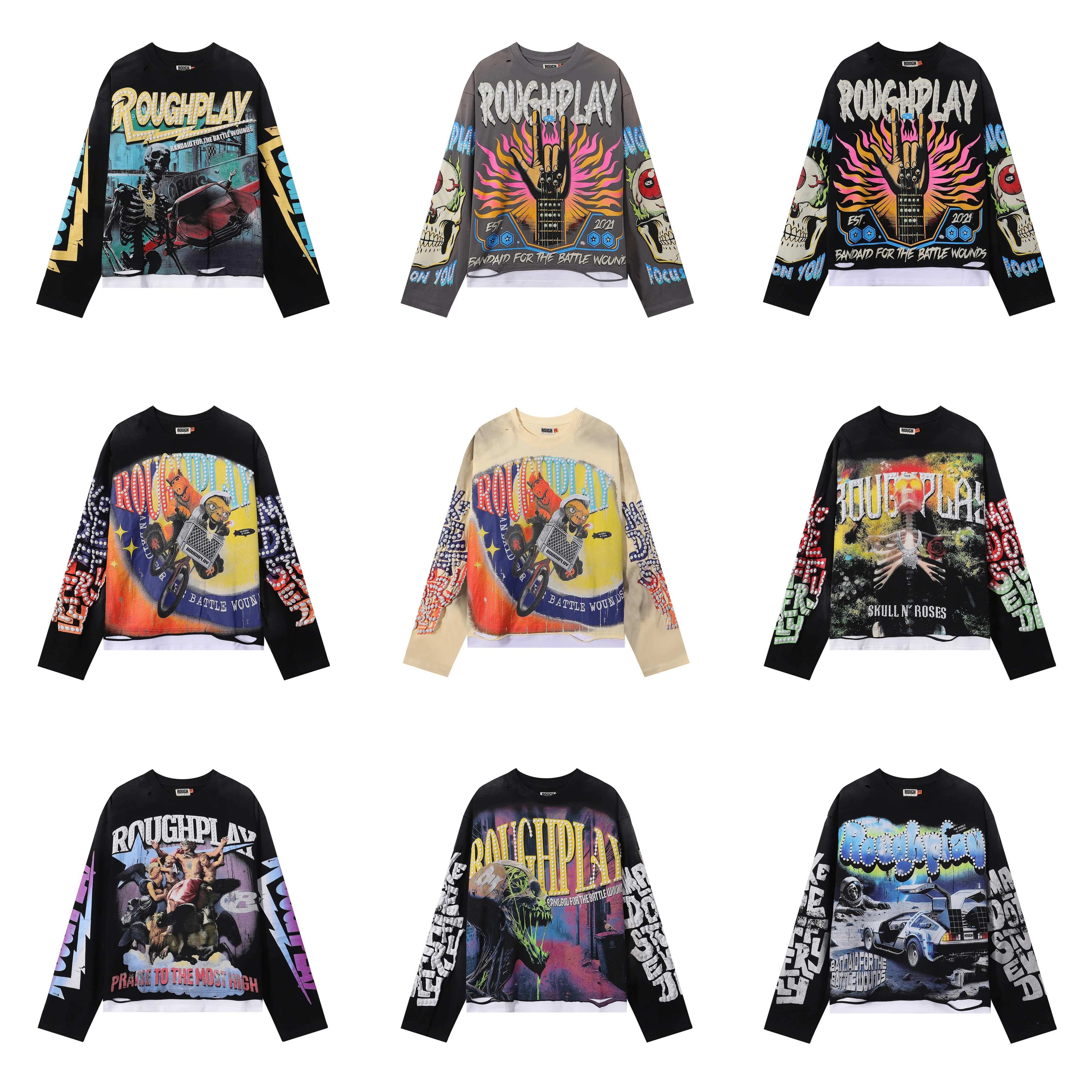 Retro American High Street Abstract Skeleton Print Men's Long Sleeve T-Shirt Loose Casual Base Layer Autumn Season Cotton Tee