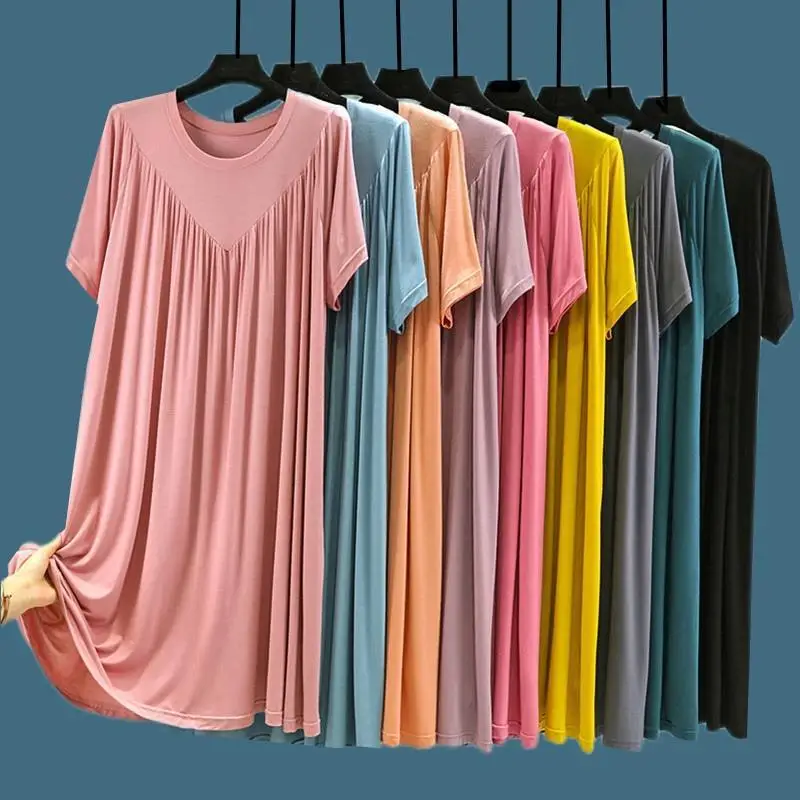 

Women Solid Short Sleeve Midi T Shirt Dress Round Neck Casual Loose Candy Color 2024 Summer Female Sleepdress Modal Dresses Robe