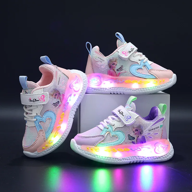 Elsa Princess LED Charging Luminous Glowing Sneakers for Girl\'s Disney Breathable Mesh Sport Shoes Kids Led Lighted Casual Shoes