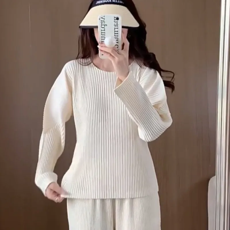 

2026 Spring Fall Miyake Pleated Top Women Loose Comfortable Casual Long Sleeve Big Size T-Shirt Simple Solid Color Bottom Shirt