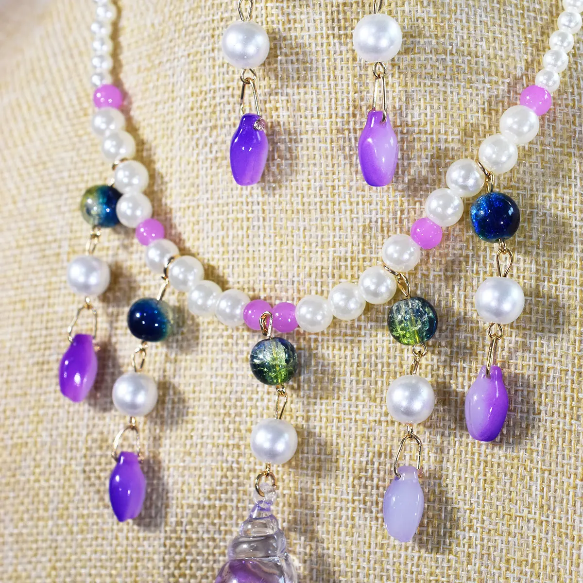 حلم الأرجواني البوب الزجاج الخرز تقليد اللؤلؤ مزيج قلادة أقراط الأزياء محارة قلادة هامش الاكسسوارات الرقبة مجوهرات #4