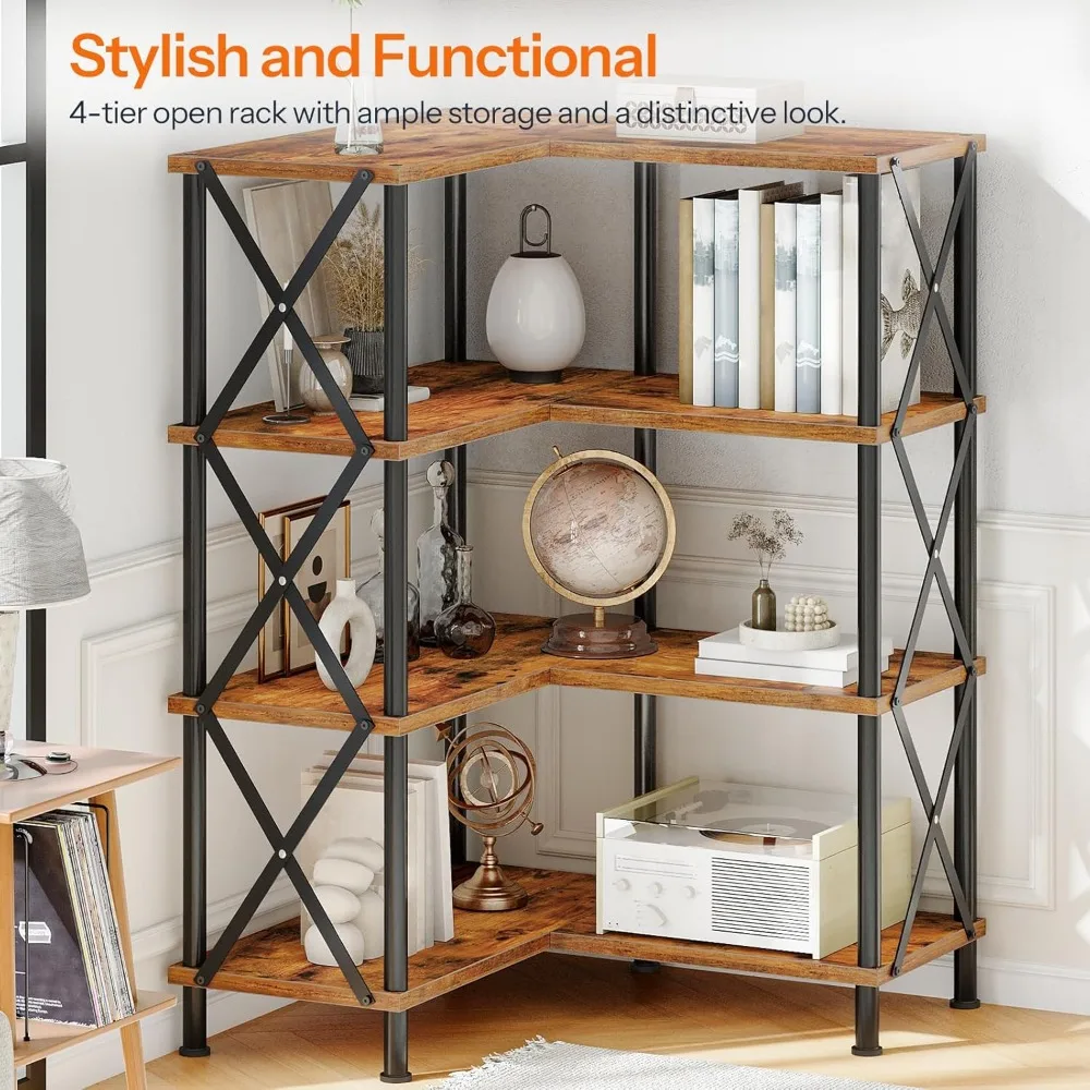 

Corner Bookshelf, 4-Tier L-Shaped Bookcase, Industrial Open Display Shelf Tall Storage Organizer,