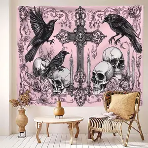 VIKAMA Gothic Dark Tapestry Pink and Black Color Blocking Raven and Skull Bedroom Headboard Wall Art Theme Decor